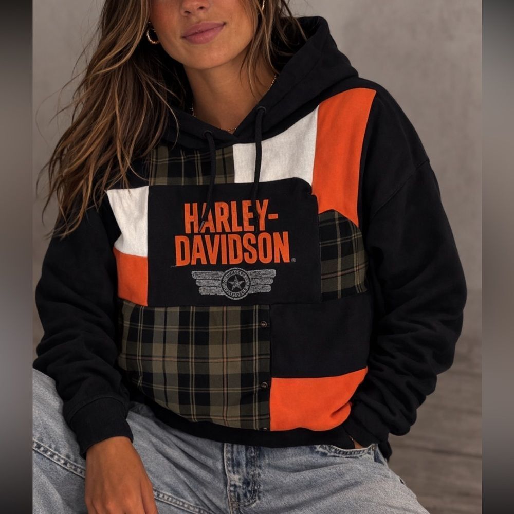 Harley-Davidson Handmade Upcycled Patchwork Relaxed Soft Casual Hoodie Sweater
